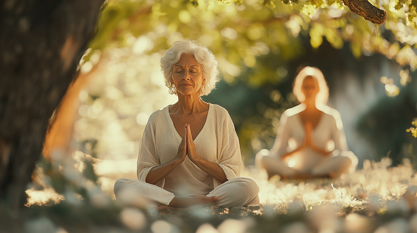 Група старших людей виконує йогу в студії